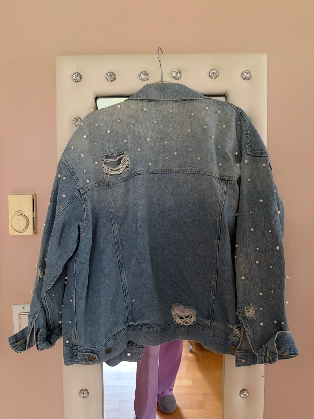 Free People Light Blue Distressed Pearl-Studded Denim Jacket - Picture 2 of 3